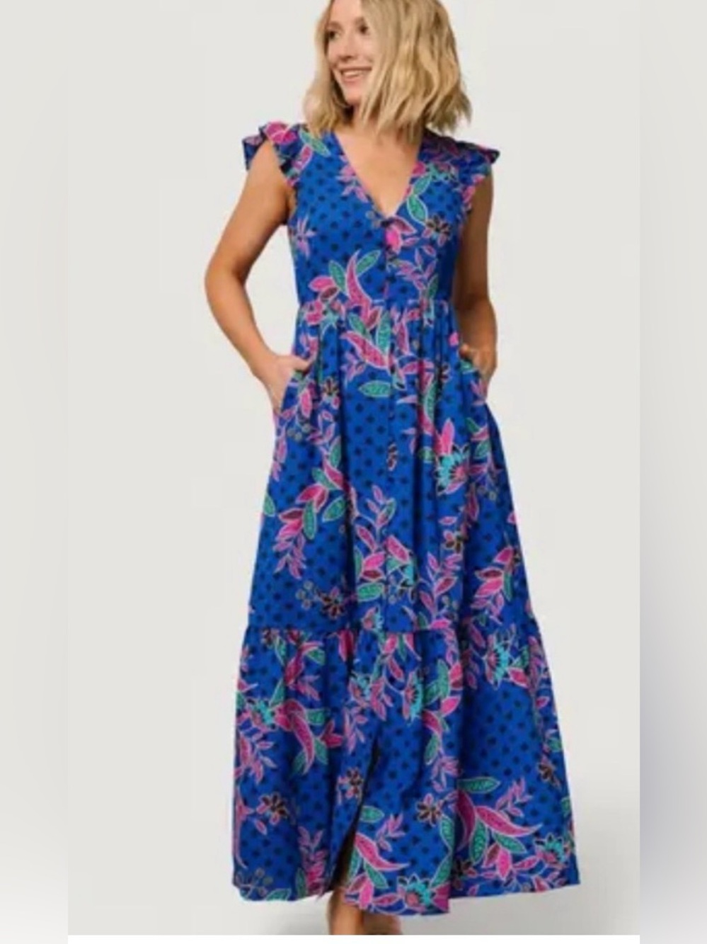 Baltic Born Blue Floral Maxi Dress with Pink & Green Accents